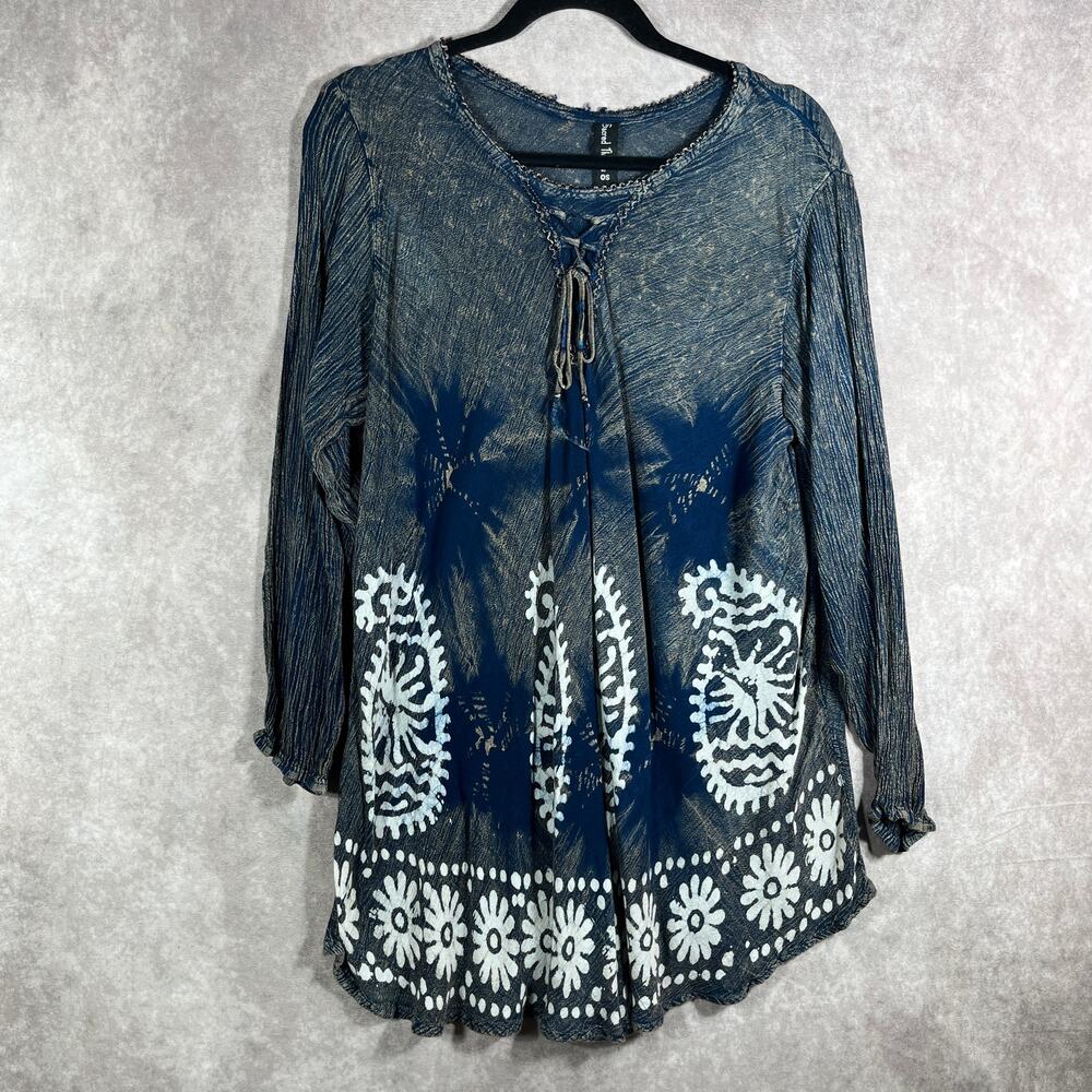 Sacred Threads Top Womens One Size Blue Floral‎ Long Sleeve Tunic Casual Boho